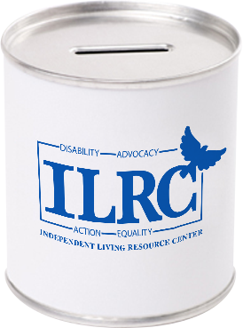 Photo of a donation can with the ILRC logo.